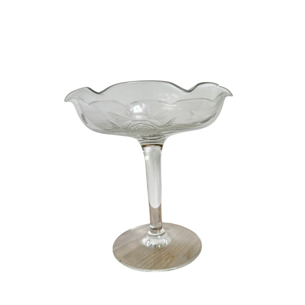 VINTAGE Glass Pedestal Candy Dish Ice Cream Bowl Ruffled Rim Rose Etch Fostoria